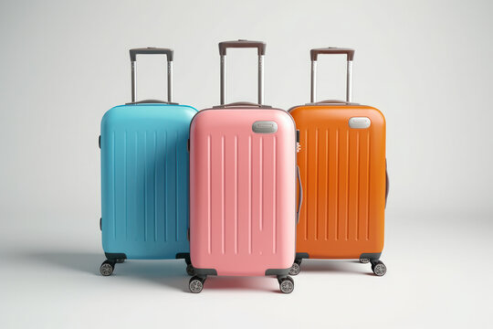 Colourful blank mock up travel suitcases, luggage, carry-on. Vacation, travel concept. Generative AI