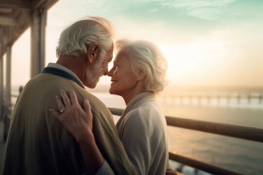 Elderly romantic couple old spouses cuddle, touch noses near the sea. Love, devotion. Generative AI