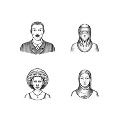 Human Avatars Collection. Diverse faces of people. Characters set. Happy emotions. Portrait for social media, website. Men and women, grandparents and girls. Hand drawn doodle sketch.