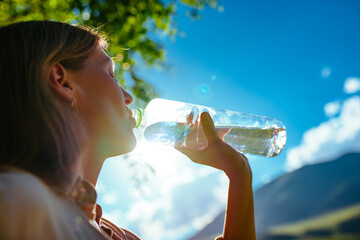 Young beautiful woman drinking pure water from a bottle in the mountains, focus on bottle - 624940107