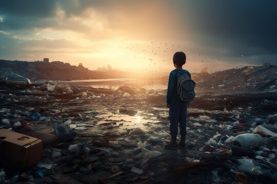 sad kid stand looking at a lot of plastic wastes in, environmental pollution | Generative AI