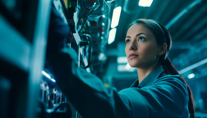 Obraz premium Female worker specialist in the automotive industry testing equipment