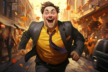 The illustration depicts a portrait of a young businessman sprinting down the street, exuding determination and ambition in pursuit of success. Generative Ai.
