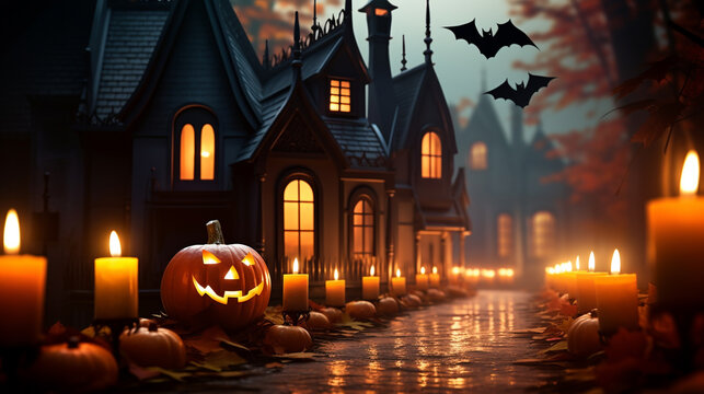 Traditional halloween party backdrop. Halloween wallpaper with evil pumpkin. Generative AI