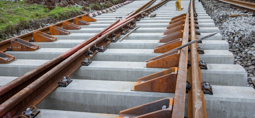 railway construction site detail of rail attachment and  track junction