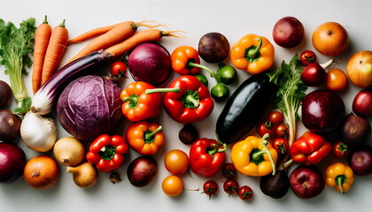 Lot of different colorful vegetables on white background. Healthy food flat lay. Ai generative