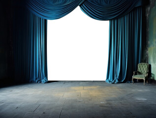 blue draped fabric cloth curtains on a post apocalyptic abandoned stage room. transparent PNG