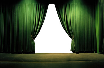 green velvet curtains draped on a empty stage. wood floor.