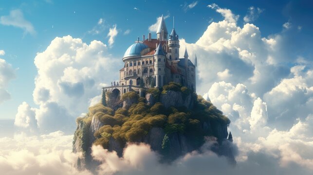 castle floating in the sky with clouds. Created with Generative AI.