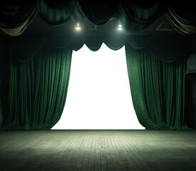 green curtains on a wood floor stage. transparent PNG