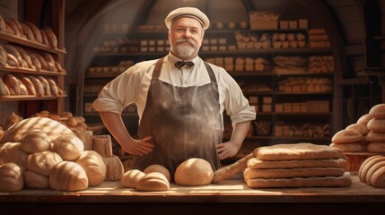 
The portrait of an elderly baker in his retro bakery, surrounded by delicious pastries and bread, reflecting his lifelong passion for baking. Generative Ai.