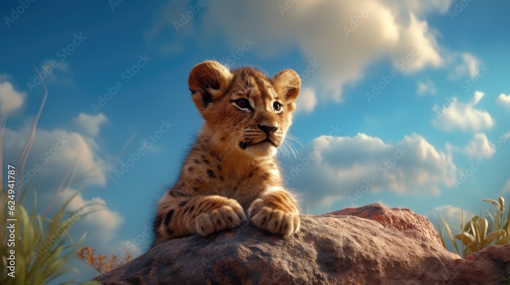 Wall mural lion cub sitting on top of a rock in a field of grass. created with generative ai.