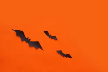 Muurstickers morcegos em fundo laranja com espaço para texto, promoção ou anúncio celebração do dia das bruxas, halloween  © Alexandre