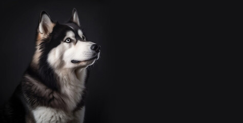 Alaskan malamute portrait on a gray background. Gray big dog on a dark background with space for text. Cute face with a smart look. Dog Food Advertisement. 