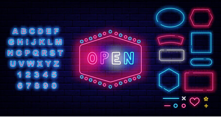 Open neon label with vintage frame. Borders collection. Welcome greeting card. Shiny blue alphabet. Vector illustration