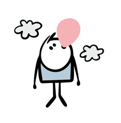 Surprised boy is flying in the clouds in a bubble gum balloon. Vector illustration of a ridiculous situation.