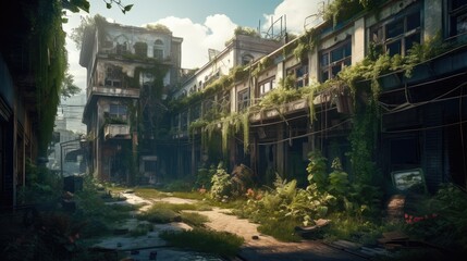 Fototapeta na wymiar Abandoned post apocalyptic city surrounded by many plants. Created with Generative AI.