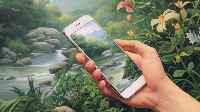 A hand with a smartphone captures the natural landscape.