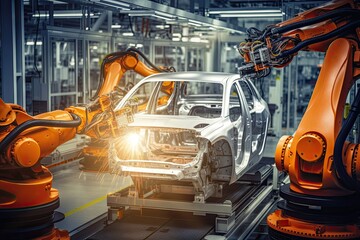 An automated car manufacturing process employs robotics and advanced machinery to streamline production, ensuring efficient and precise assembly of vehicles with cutting-edge technology. AI-generated
