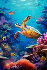 Fototapeta na wymiar turtle with group of colorful fish and sea animals with colorful coral underwater in ocean | Generative AI