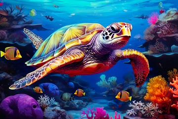 Fototapeta na wymiar turtle with group of colorful fish and sea animals with colorful coral underwater in ocean | Generative AI