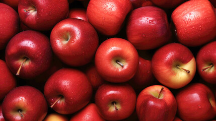Red ripe apples close-up with water droplets. Natural background for cover, business card, website, label. 