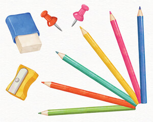 colored pencil and drawing tools watercolor illustration vector set. crayons set, a sharpener and an eraser. kids education and school concept