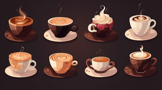 Collection of dessert coffee drinks isolated on black background. Drawn watercolor sideview grunge illustrations. AI generated