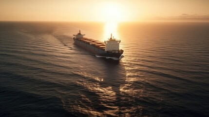 Obraz premium Aerial view of cargo ship with container sailing in ocean. Created with Generative AI.