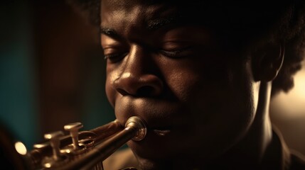 Afro-American male jazz musician trumpeter playing. Created with Generative AI
