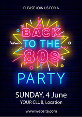 Naklejka na ściany i meble Back to the 80s neon flyer. Vertical poster. Retro party celebration. Holiday concept. Vector stock illustration