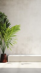 Empty template Bali style white wall grey background for text, green exotic foliage, palm leaves, bananas, bamboo, copyspace with shiny sunlight rays. generative ai