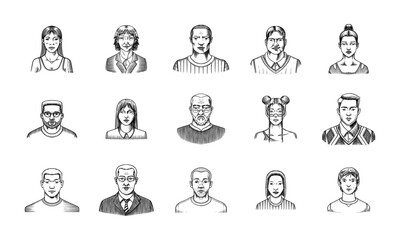 Human Avatars Collection. Diverse faces of people. Characters set. Happy emotions. Portrait for social media, website. Men and women, grandparents and girls. Hand drawn doodle sketch.