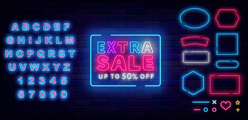 Extra Sale neon label. Special offer. Geometric frames collection. Marketing emblem. Vector stock illustration