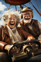 Modern senior couple man and woman husband and wife happy smile drive