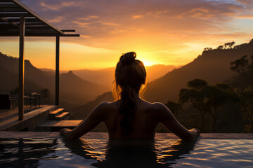 Fototapeta premium a woman in a luxury pool overlooking a scenic landscape at sunset