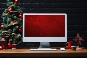 Computer with red screen with space for text. Decorated small christmas tree.