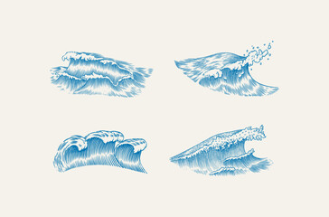 Atlantic tidal waves. Vintage old engraved hand drawn labels. Marine and nautical or sea, ocean background for banner or poster. set of Isolated vector illustration.