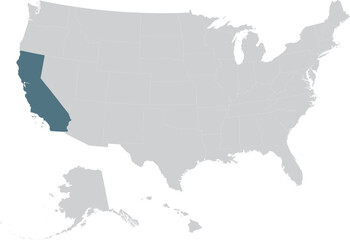 Blue Map of US federal state of California within gray map of United States of America