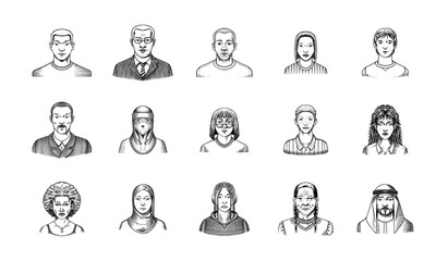 Human Avatars Collection. Diverse faces of people. Characters set. Happy emotions. Portrait for social media, website. Men and women, grandparents and girls. Hand drawn doodle sketch.
