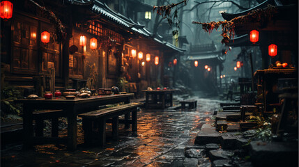 Fototapeta na wymiar Japanese monastery alley with tables