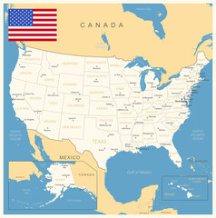 USA - detailed map with administrative divisions and country flag. Vector illustration