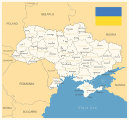 Ukraine - detailed map with administrative divisions and country flag. Vector illustration