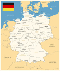 Germany - detailed map with administrative divisions and country flag. Vector illustration