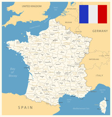 France - detailed map with administrative divisions and country flag. Vector illustration