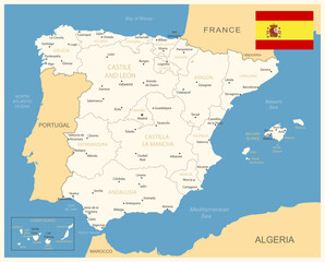 Spain - detailed map with administrative divisions and country flag. Vector illustration
