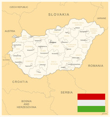 Hungary - detailed map with administrative divisions and country flag. Vector illustration