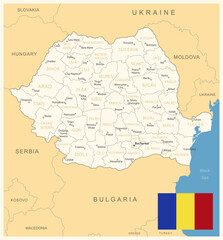 Obraz premium Romania - detailed map with administrative divisions and country flag. Vector illustration