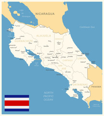 Costa Rica - detailed map with administrative divisions and country flag. Vector illustration