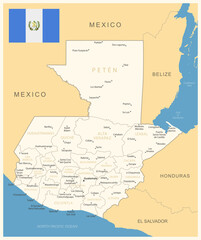 Guatemala - detailed map with administrative divisions and country flag. Vector illustration